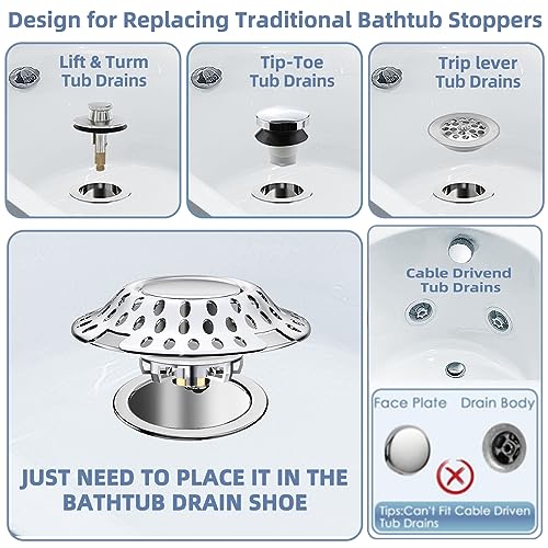Upgraded 2 in 1 Bathtub Drain Stopper Bathtub Drain Hair Catcher, Effective Tub Stopper with Dual Filtration Design, Anti-Clogging Bathtub Drain Plug Bath Tub Stoppers for 1.45-1.8" Drain Shoe