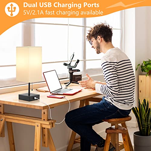 GGOYING Pull Chain Table Lamp, Bedside Lamps with 2 USB Charging Ports, 2700K LED Bulb, White Linen Lampshade for Living Room, Dorm, Office, Home