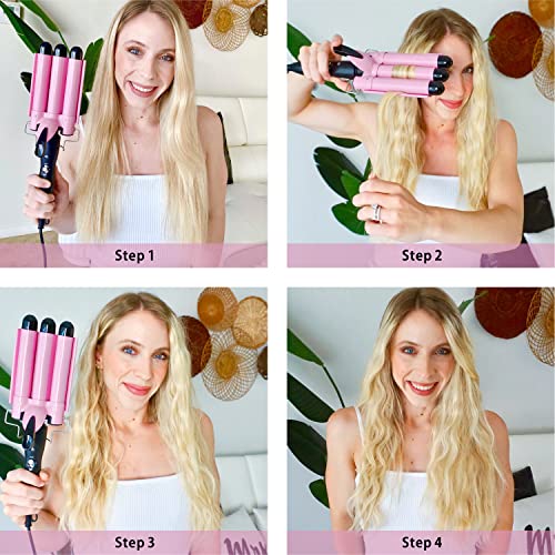 3 Barrel Curling Iron Hair Crimper, TOP4EVER 25mm(1 inch ) Professional Hair Curling Wand with Two Temperature Control,Fast Heating Portable Crimpers for Waving Hair (Pink)