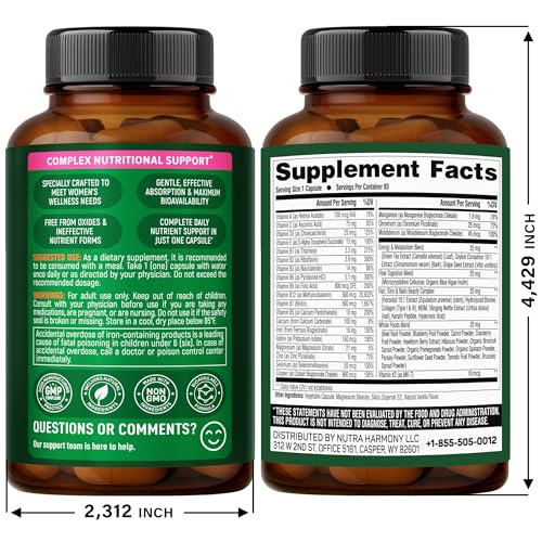 Multivitamin for Women - B-Complex | Whole Foods | Hair Growth Support | Digestion & Metabolism | Iron - 47in1 Womens Multivitamin - Bioavailable & Gentle on Stomach - Made in USA - 90 Capsules