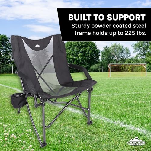 Cascade Mountain Tech Camping Chair - Low Profile Folding Chair for Camping, Beach, Picnic, Barbeques, Sporting Event with Carry Bag , Black