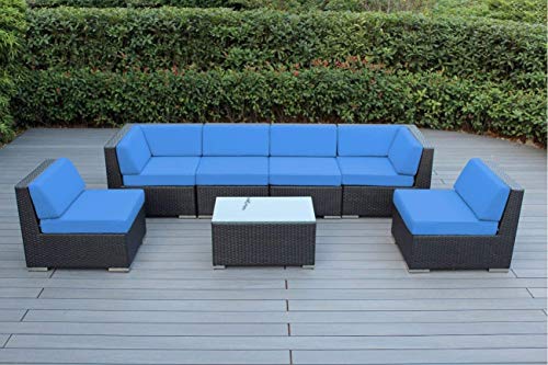 Ohana 7-Piece Outdoor Patio Furniture Sectional Conversation Set, Black Wicker with Blue Cushions - No Assembly with Free Patio Cover
