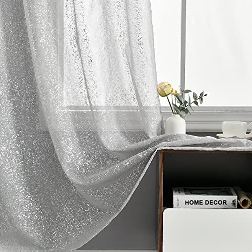 Silver White Sheer Curtains for Bedroom - Metallic Silver Foil Sparkle Sheer Curtains 63 Inch Length, Grommet Sparkle Curtain Panels for Window, 52 x 63 Inch, 2 Panels, Silver White