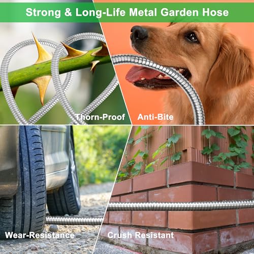 EONFAY Metal Garden Hose 50ft, Stainless Steel Water Hose Leak-Proof w/10 Function Sprayer Nozzle, 3/4" Fittings Flexible Garden Hose, Long-Lasting, Lightweight, No-Kink Water Hose, for Yard and Lawn