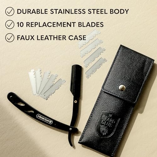 The Beard Club Straight Razor for Men - Navajas Para Barbero - Barber Straight Edge Razor Kit - Premium Single Derby Blade Cutthroat Razor With 10 Replaceable Stainless Steel Blades & Leather Case