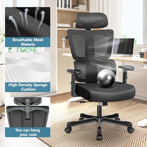 Primy Office Chair Ergonomic Desk Chair, High Back Computer Gaming Chair, Comfy Big and Tall Home Office Chair with Lumbar Support, Breathable Mesh Reclining Chair Adjustable Armrests Headrest (Black)