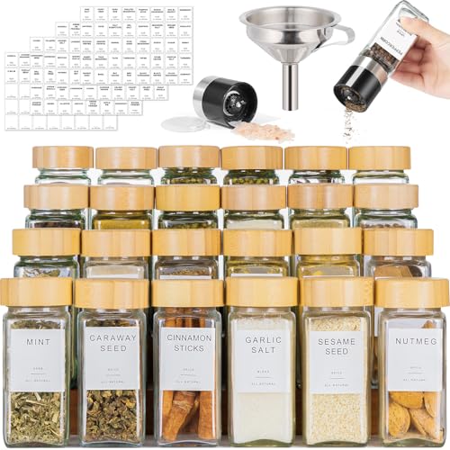 FavorFlavor 24 Pcs Spice Jars with Label, 4.3OZ Thickened Glass Seasoning Jars with Bamboo Lids & Pepper Grinder, Airtight Sealing with Metal Funnel for Easy Refilling, Spice Jars with Shaker Lids