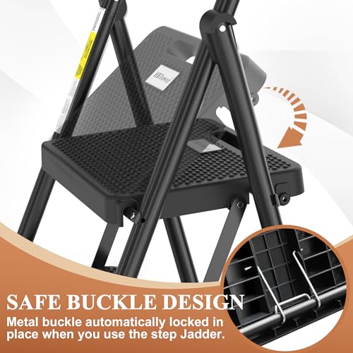HBTower 2 Step Ladder, Folding Step Stool with Wide Anti-Slip Pedal, Sturdy Steel Ladder, Convenient Handrail, Lightweight, Portable Steel Step Stool