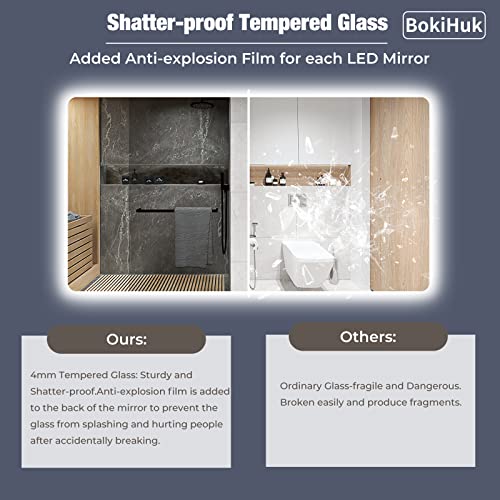 BokiHuk Led Bathroom Mirror with Lights, 40x24 inch Wall Mounted Lighted Vanity Mirror, Makeup Mirror Dimmable Anti-Fog with 3 Colors Light, Waterproof (Backlit & Front-Lighted)