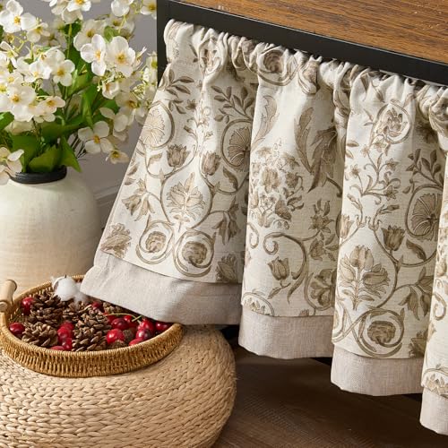 jinchan Linen Valance Double Layer Kitchen Window Curtain Yellow Leaf on Beige Valance for Living Room Cafe Farmhouse Room Darkening Rustic French Country Curtain 18 Inch Rod Pocket 1 Panel