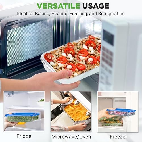 NutriChef 8-Piece Glass Baking Dish Set with Lids – Stackable Rectangular Bakeware for Lasagna, Casserole, Meatloaf, Leftovers & Storages– Oven, Freezer & Dishwasher Safe, BPA Free lid (Blue)