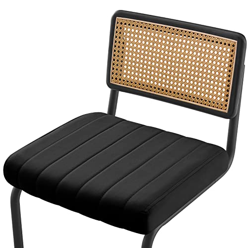 Counter Height Bar Stools Set of 2, 26" Rattan Counter Stool Velvet Upholstered Barstool with Cane Back & Metal Frame, Mid Century Modern Bar Chair Armless Kitchen Stool for Counter Island (Black)