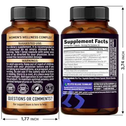 Probiotics for Women 50 Billion CFU - Vaginal Probiotics Clinically Proven for Yeast & pH Balance - Digestion & Bloating Relief - 8 Strains + Prebiotics - Delay Release - Made in USA, 30 Capsules