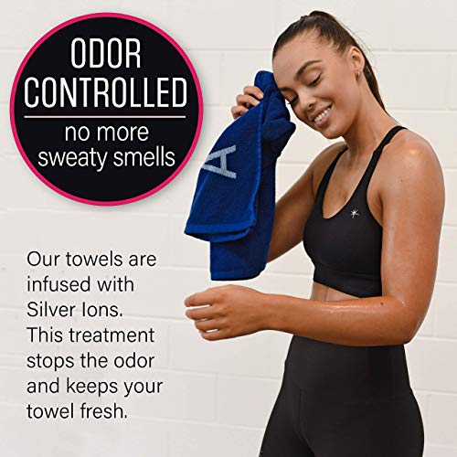 Luxury Organic Cotton Gym Towel - Soft, Absorbent, Silver Infused - 31.5 X 15.75 inch - Blue Yoga & Gym Towel for Men & Women