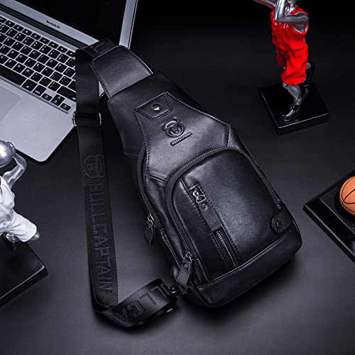 LUKZIJAES Genuine Leather Sling Bag for Men Crossbody Shoulder Chest Pouch Hiking Pack Outdoor Travel Casual Daypack Work Backpack (#6-Black)