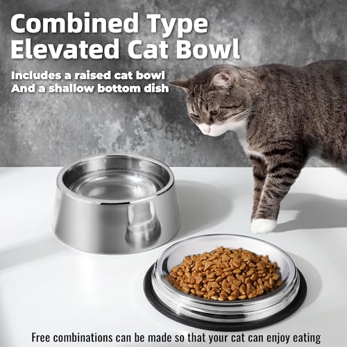 Nicelock Elevated Cat Bowl Stainless Steel Combined Type Cat Bowls Whisker Fatigue Cat Dish, One Raised Cat Bowl and One Dish