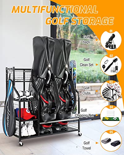 PLKOW Golf Bag Organizer Garage Storage Rack Golf Bag Stand Fits for 2 Golf Bags and Golf Accessories, Golf Storage Organizer for Garage, Shed and Basement