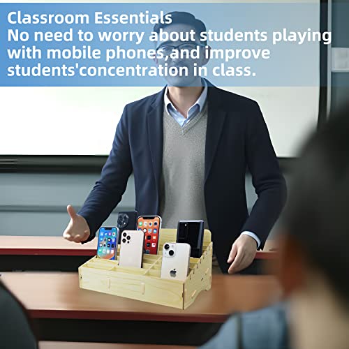 HengTianMei 24 Grids Cell Phone Holder Classroom Pocket Chart Organizer,Wooden Storage Box Phone Calculator Holder for Classroom Office School, Desktop Compartment Phone Caddy