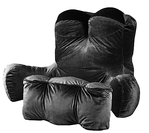daguizu Reading Pillow Adults 31’’, Backrest Pillow with Arms for Sitting in Bed Couch Shredded Memory Foam, Back Pillow with Leg Pillow and Pockets for Reading/Gaming/Relaxing,Black