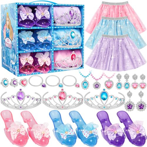 LJZJ Princess Dress Up Toys & Jewelry Boutique, Costumes Set incl Color Skirts, Shoes, Crowns, Accessories, Girls Role Play Gift for 3 4 5 6 Year old Girl Toddler B-day Party Favors
