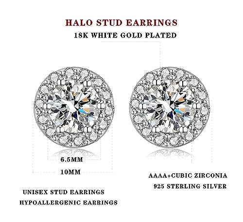 jiamiaoi Halo Earrings for Women Men Diamond Earrings Sterling Silver Stud Earrings Diamond Halo Earrings Fake Diamond Earrings Cubic Zirconia Earring Studs Round CZ Stud Earrings