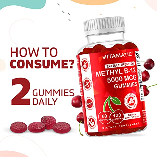Vitamatic Extra Strength Vitamin B12 5000 mcg (Methyl B12) Gummies - 120 Count - Natural Cherry Flavored