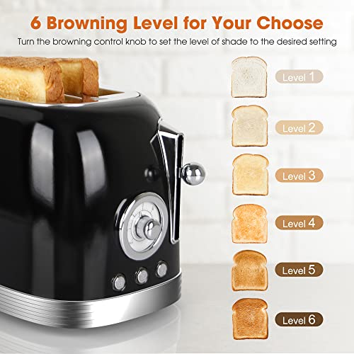 CROWNFUL 2-Slice Toaster, Extra Wide Slots Toaster, Retro Stainless Steel with Bagel, Cancel, Defrost, Reheat Function and 6-Shade Settings, Removal Crumb Tray, Black