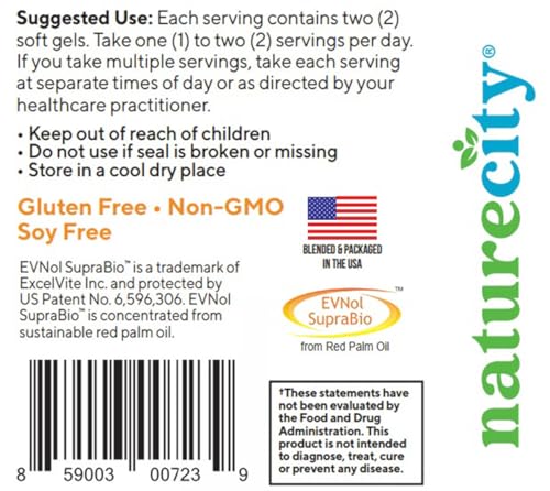 NatureCity True-E Full Spectrum Tocotrienols Vitamin E & Natural Alpha Tocopherol Supplement | Sustainable Vitamin E Tocotrienols from Evnol Suprabio | Non-GMO Vitamin E Complex | 60 Soft gels