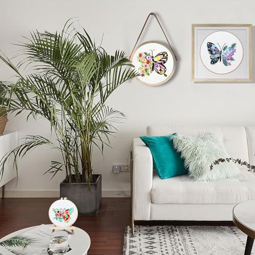 KAHEAUM Embroidery Kit for Beginners Adults Butterfly Cross Stitch Kits for Kids Gift Home,3 Set Advanced Starter Embroidery Patterns Fabric with Color Floss Thread Needle Scissors,3PCS Plastic Hoops