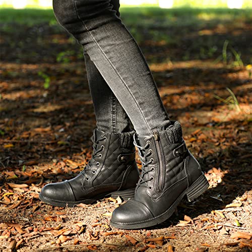 STQ Womens Round Toe Military Lace up Knit Ankle Cuff Low Heel Combat Boots Black 5.5