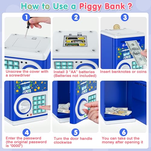 Dark Blue Piggy Bank for Kids with Password Code Lock and Auto Grab Bill Slot, PhilaeEC Real Money Cash Coin Can Saving Box Electronic Money Safe Bank, Hot Gift for 4 7 8 9 10 11 Year Old Boys Girls