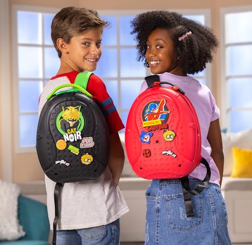 Miraculous Ladybug - Pop n' Swop Cat Noir Black Backpack with Green Handle, 6 Clip-on Badges and Zipper, Lightweight Durable Waterproof Bag with Adjustable Straps (Wyncor)