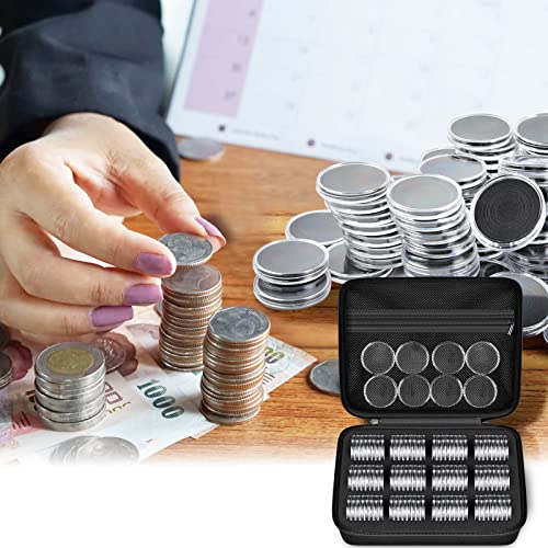 PAIYULE 96 Pieces 46mm Coin Capsules, with Foam Gasket and Plastic Storage Organizer Box, 6 Sizes (20/25/27/30/38/46mm) Coins Collector Case Holder for Coin Collection Supplies(Black)