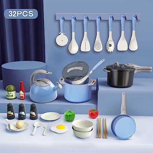 Bruvoalon 32Pcs Kids Play Kitchen Toys Set, Toddlers Pretend Cooking Playset Acccessories with Pots Pans, Utensils Cookware, Foods, Canned Veges, Learning Gift for Kids Girls Boys (Blue)