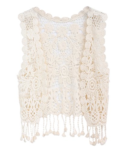 SMILING PINKER Little Girl's Crochet Vest with Fringe V neck Sleeveless Cardigan Open Front (Beige, Small)