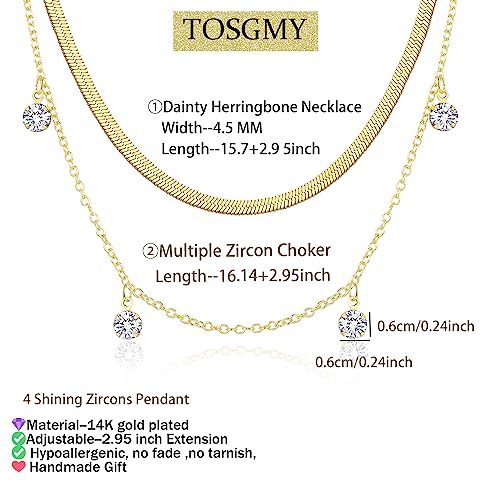 TOSGMY Herringbone Necklace for Women,Dainty Gold Necklace 14K Gold Chain Layered Necklaces Simple Cross Necklace Evil Eye Pearl Cubic Zirconia Pendant Snake Necklaces For Women Jewelry Gift