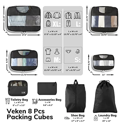 Veken 8 Set Packing Cubes for Suitcases, Travel Bag Organizers for Carry on Luggage, Suitcase Organizer Bags Set for Travel Essentials Travel Accessories in 4 Sizes(Extra Large, Large, Medium, Small)