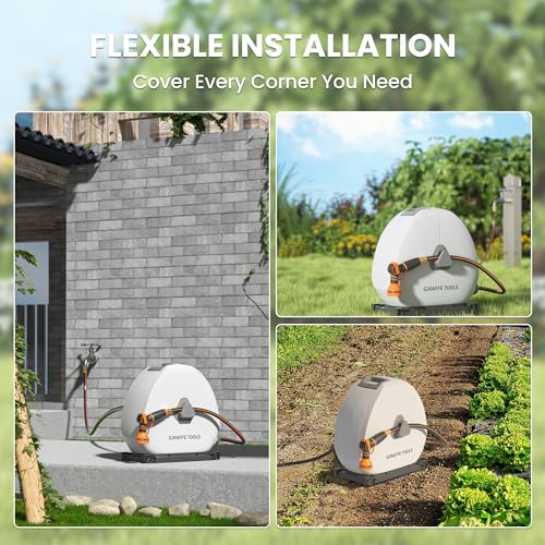 Giraffe Tools Retractable Hose Reel 1/2 Inch x 82FT,Heavy Duty Ground Mount Garden Hose Reel, Automatic Rewind, Any Length Lock, with 9-Function Sprayer Nozzle & Flexible Swivel Base