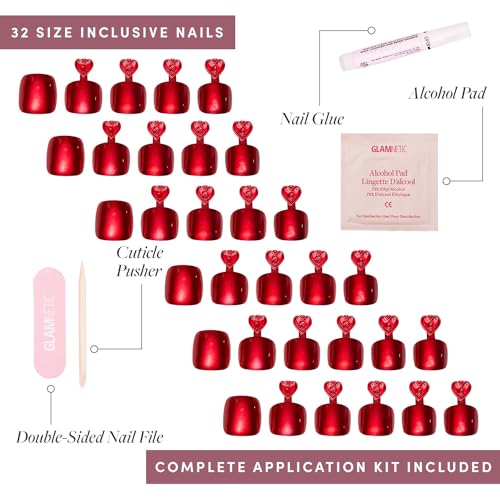 Glamnetic Press On Toenails - Cherry Glaze | Bright Red Fake Toe Nails with a Glazed Finish | 16 Sizes - 32 Toe Nail Kit with Glue