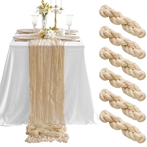 joybest 6 Pcs Beige Cheesecloth Table Runner, 10 FT Boho Gauze Table Runner Rustic Romantic Sheer Runner for Wedding Party Bridal Birthday Baby Shower Table Decorations