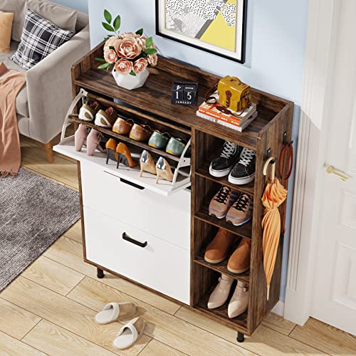 Tribesigns Shoe Cabinet, Flip Drawers Shoe Storage Cabinet for Entryway with 3 Flip Drawers and 5 Shelves, Freestanding Shoes Cabinet for Closet, Living Room, Bedroom, Brown & White