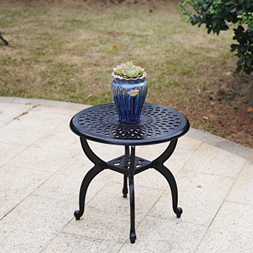 Mandolin Outdoor Patio,Rust -Resistant Cast Aluminum Side Table,Weather Resistant End Table,Coffee Table, Perfect for Patio, Backyard Or Garden.W 20.8" X H18.5(Aluminum Round, Black)