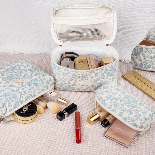 Makeup Bag Set, Quilted Makeup Bag, Large Floral Cosmetic Bag for Women, Cute Cotton Makeup Bags, Flower Travel Toiletry Organizer Bag