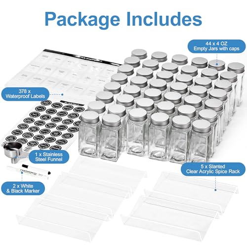 Brippo Spice Drawer Organizer, Includes 24 Spice Jars and 378 Labels with 5-Tier Clear Acrylic Riser Display Stand, Adjustable From 9-to-18 inch Spice Tray for Drawer, Kitchen Drawer Spice Rack Tray