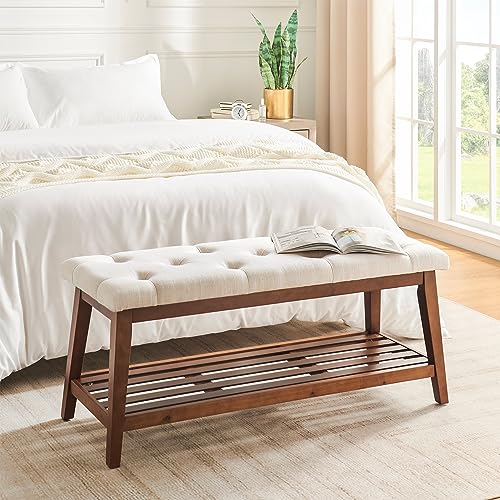 kinmars Upholstered Bench for Bedroom End of Bed,42.5-inch Entryway Bench for Living Room,Dining Bench with Padded Seat and Solid Wood Leg for Kitchen Bedroom,Indoor and Hallway (Shoe Bench, Beige)