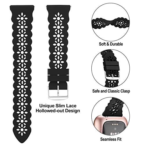 YAXIN 3 Pack Slim Sport Bands Compatible with Fitbit Versa/Versa 2/Versa Lite for Women,Soft Silicone Lace Replacement Wristbands for Fitbit Smart Watch,Black/White/Pink Sand