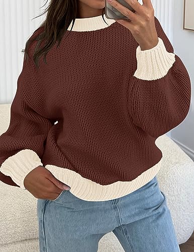 ZESICA Women's Casual Long Sleeve Crew Neck Pullover 2024 Fall Ribbed Knit Loose Contrast Color Sweater Tops,Purple,Medium