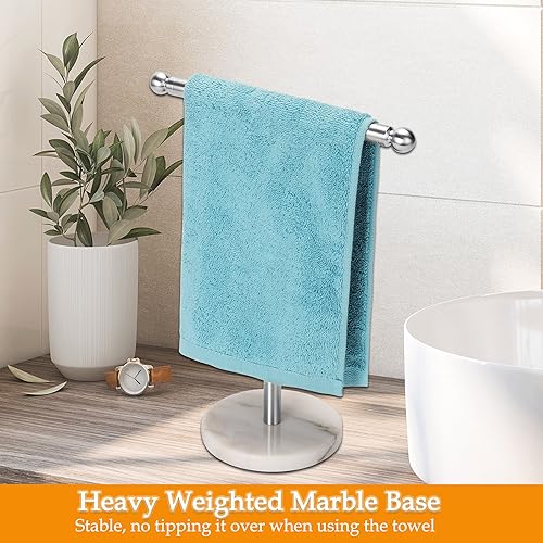 Kalitro Towel Rack with Heavy Marble Base, Free Standing Hand Towel Holder Stand for Bathroom Stainless Steel T-Shape Brushed Nickel