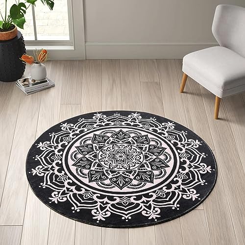 Carvapet 2' Small Round Area Rug Chic Boho Mandala Print Circle Rugs Non Slip Machine Washable Floor Mat Soft Throw Rug for Powder Room Entryway Bathroom Nursery Bedside Floor Decor Black Ivory