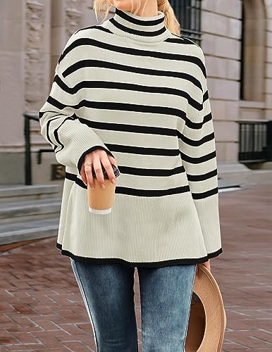 ZESICA Women's 2024 Winter Sweaters Casual Turtleneck Long Sleeve Striped Side Slit Loose Pullover Sweater Jumper Tops,Oats,Large
